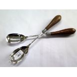 A pair of Mappin and Webb silver plated salad servers with oak wood handles