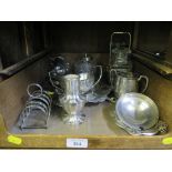 A selection of silver plate including toast-rack, sugar bowl and glass preserve jar (one tray)