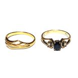 A sapphire and diamond three stone ring, and a gold ring (2)