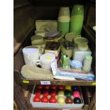 Various phenolic plastic picnic wares, other plastic wares and a set of snooker and billiard balls