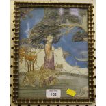 A 1920s stumpwork panel depicting a lady with leopards on a balcony 24cm x 18cm