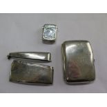 A silver vesta case, a small cigarette case in silver and a silver card case, as found