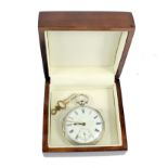 A silver mid size key wind pocket watch with white enamel dial and Roman numerals
