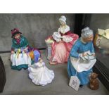 Royal Doulton figures: Penelope HN1901, Ninette HN3215, The Favourite HN2249, Silks and Ribbons