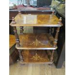 A Victorian inlaid burr walnut three tier whatnot, on spiral turned supports and feet, 54cm wide