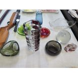 A Murano glass triform dish, other Murano glass vases and dishes, a red overlay glass vase, a