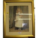 A print of a young girl in a white dress with flowers and a card 39 x 29 cm