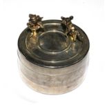 A silver pill box with two mice skating in a gift box, Birmingham 1994