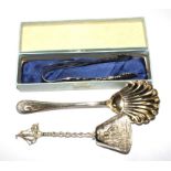 Three Dutch 800 silver items comprising a boxed pair of sugar nips, a caddy spoon and a sugar spoon