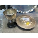 A small silver golfing dish and trophy cup