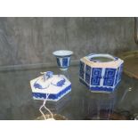 A Chinese underglaze blue octagonal inkpot, the lid painted with bets, with cup inside (cup