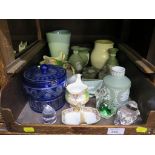 A blue overlay glass biscuit barel, glass animal figures, Wedgwood Jasperware, Minton jugs and