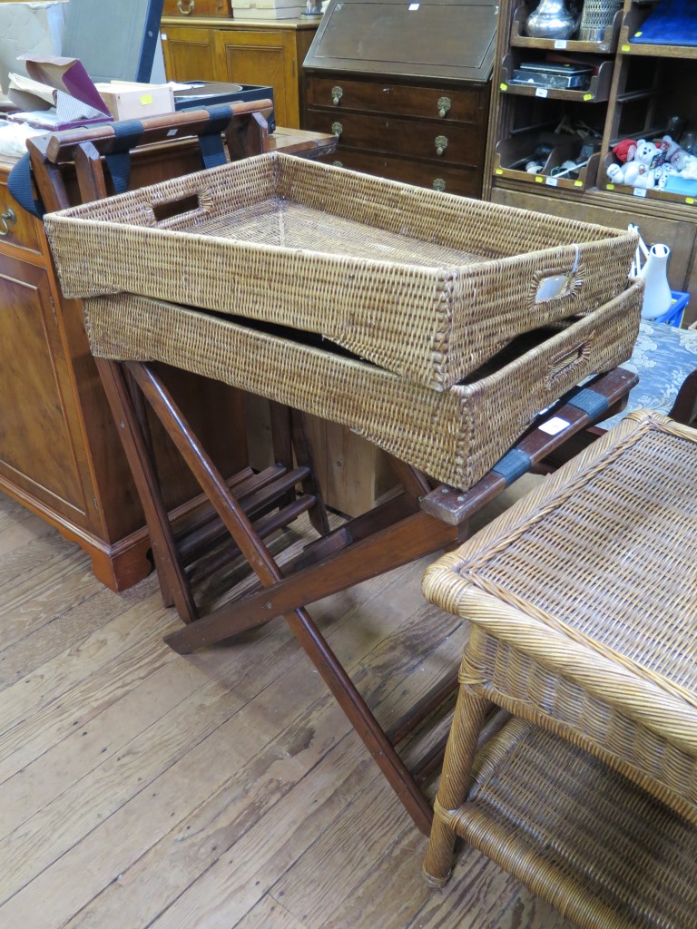 A pair of rattan butler's trays with folding trestle stands, trays 65cm x 45cm (2)