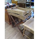 A pair of rattan butler's trays with folding trestle stands, trays 65cm x 45cm (2)