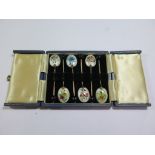 A cased set of enamel spoons