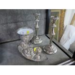 A pair of plated candlesticks, a sugar bowl, etc