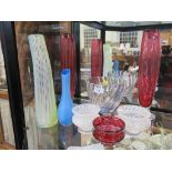 Two Teign Valley white trailing glass bowls, another in red and a blue vase, a pair of Dartington