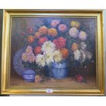 P. Richardson Chrysanthemums in a blue pottery vase oil painting signed 44cm x 54cm
