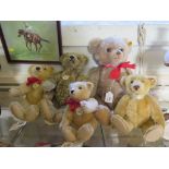 Five Steiff teddy bears: 1909 classic 35, 1909 classic 25, 1920 classic 42, Old Time Growler and 150