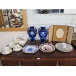 A Myott painted tea service, a pair of Victorian vases, a leather covered frame 32cm high and