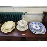 Johnson Bros Old English trio of serving platters, two stoneware oval dishes, Wood & Sons cake stand