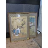 Three Chinese silk panels, each depicting an elder and a child 37.5cm x 26cm