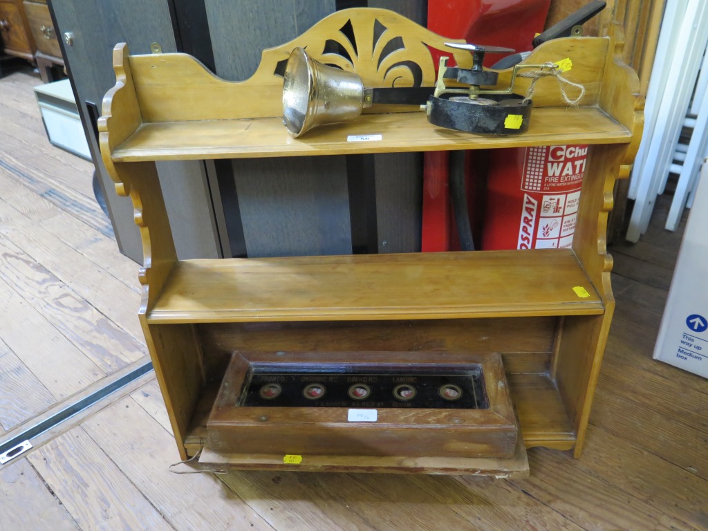 A servants indicator by V.C. Baddis, 68 High Street, Egham, a pine shelf unit 59cm wide and a