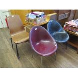 Two Danish plywood single chairs with blacked metal legs, and two fibreglass single chairs, 1960s (