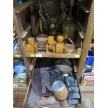 Various modern treen including nutcrackers, coasters, bowls and African inlaid panels and
