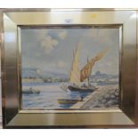 20th century Moored sailing vessel with church beyond Oil on canvas, indistinctly signed 38cm x