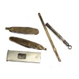 Two small pen knives, a cigar cutter, a silver toothpick, etc