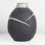 Janet Leach (American, 1918-1997) Small Ovoid Pot Stoneware, dark brown body with three fine white