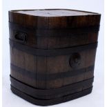 A LATE 18TH / EARLY 19TH CENTURY COOPERED OAK CONTAINER with iron handles 48cm wide x 57cm deep x