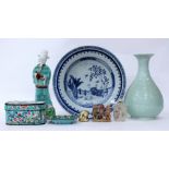 ANTIQUE ORIENTAL ITEMS to include an enamelled box and cover, a snuff bottle, an 18th century blue