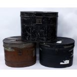 THREE ANTIQUE TIN HAT BOXES two painted black, largest measures 29cm high (3)