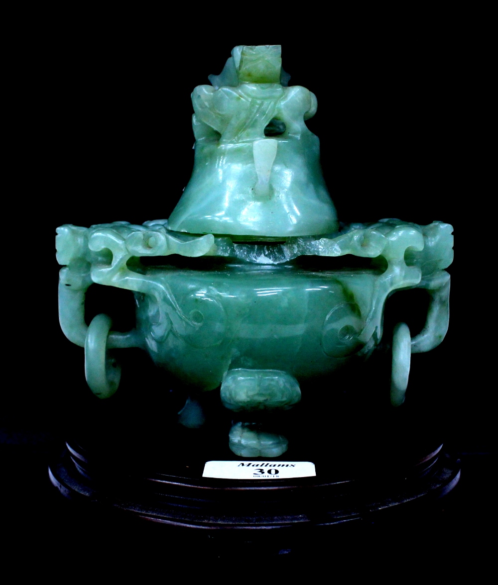 A CHINESE JADEITE URN AND COVER with dragons head mounts and ring handles, 15cm wide