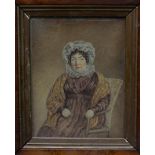 A 19TH CENTURY WATERCOLOUR PORTRAIT OF LADY wearing a lace bonnet seated in an armchair, and set