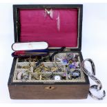 A WALNUT INLAID BOX AND CONTENTS THEREIN to include a collection of costume jewellery, ladies