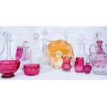 A SMALL COLLECTION OF VARIOUS DECANTERS together with cranberry glassware etc