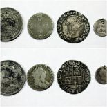 A JAMES I SHILLING, a George III half crown, a George IV four pence piece and a William III coin (