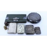 A SILVER PLATED SNUFF BOX an engraved silver vesta case, an unmarked white metal vesta case with