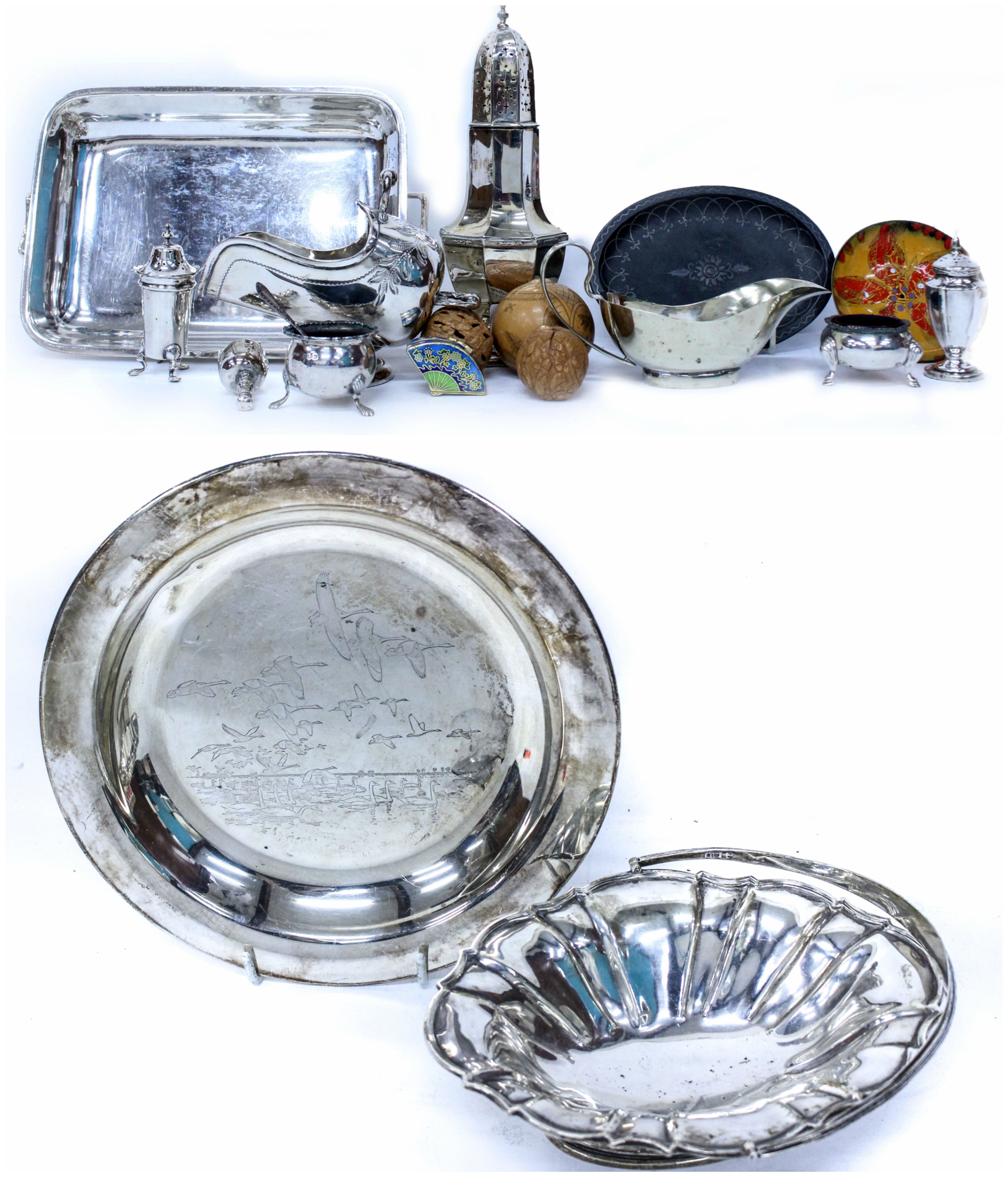 A SMALL SILVER OVAL BONBON DISH with looping handle, together with a small silver plate decorated