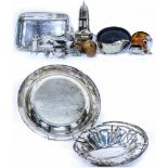 A SMALL SILVER OVAL BONBON DISH with looping handle, together with a small silver plate decorated