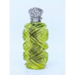 A URANIUM CUT GLASS SCENT BOTTLE with white metal top and stopper, 9cm overall