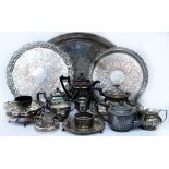 A LARGE QUANTITY OF 19TH CENTURY AND LATER SILVER PLATED METALWARE to include trays, teapots, coffee