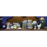 A SELECTION OF CHINA AND GLASSWARE to include cut glass vases, blue Rhineware pottery ewer and