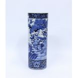 A CHINESE BLUE AND WHITE LARGE PORCELAIN VASE OR STICK STAND of cylindrical form 22cm diameter x