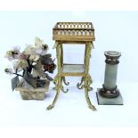 A FRENCH ONYX AND GILT METAL MINIATURE ETAGERE 17cm high, an onyx and champleve enamel column on