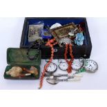 A QUANTITY OF JEWELLERY to include coral necklaces, pocket watches, brooches, two Meersham pipes