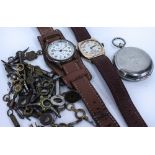TWO VINTAGE GENTLEMAN'S WRIST WATCHES a chromium plated pocket watch, and a selection of watch